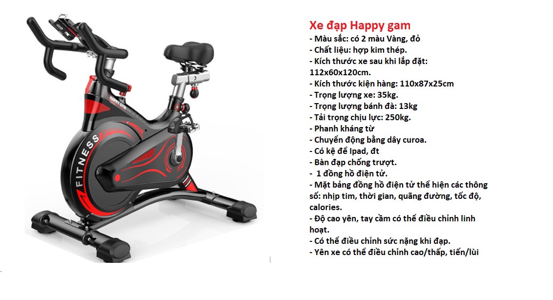 Xe đạp tập thể dục Happygam, bánh đà kháng từ, kèm đồng hồ đo nhịp tim