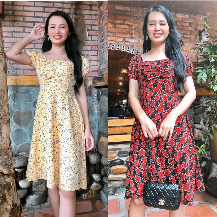 Đầm xòe nhún ngực họa tiết hoa