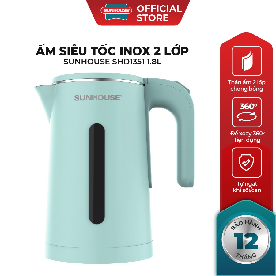 Ấm siêu tốc Inox 2 lớp 1.8L SUNHOUSE SHD1351 - Hàng chính hãng