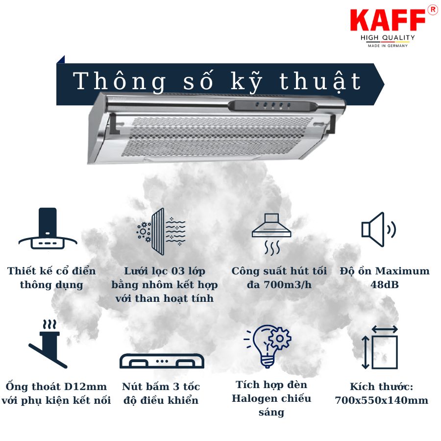 Máy hút mùi cổ điển màu bạc 700mm KAFF KF_701I Tặng bộ lọc than thay thế _ Hàng Chính Hãng