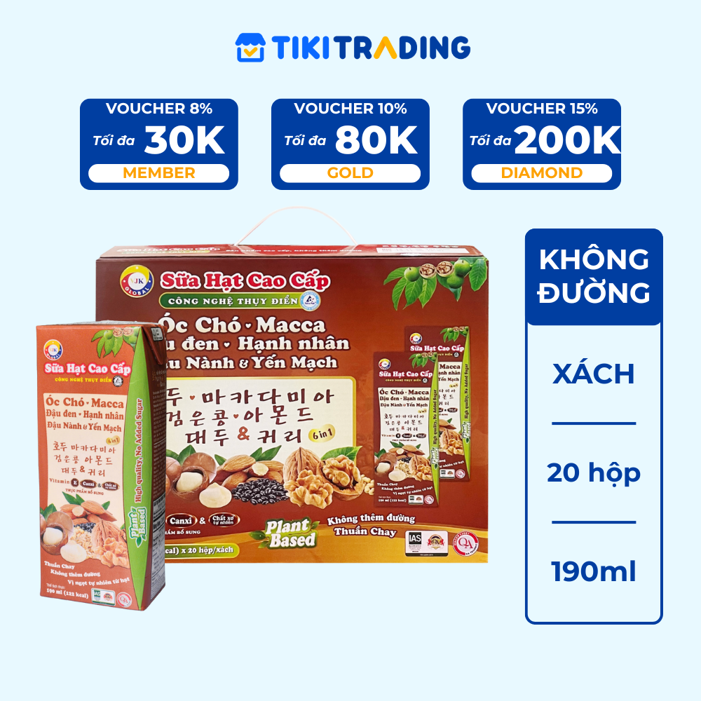 Sữa hạt cao cấp Óc chó - Macca - Đậu Đen - Hạnh Nhân - Đậu Nành &amp; Yến Mạch không thêm đường 190ml (20 hộp/Xách)