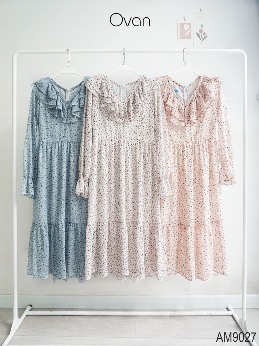 Đầm xòe midi Nữ hoa nhí tay dài OvanMade AM9027