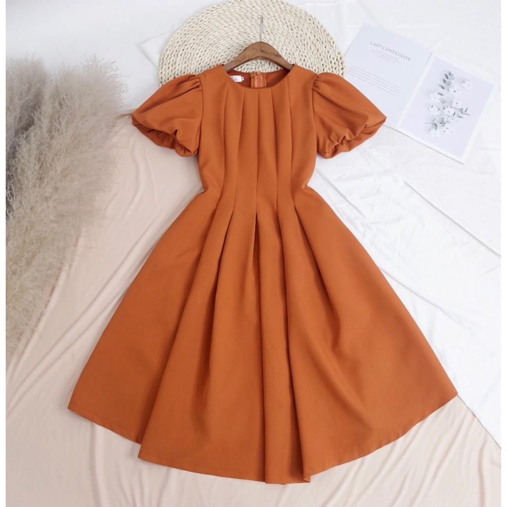 ĐẦM COTTON DỰ TIỆC CAM CỔ TRÒN TAY NGẮN PHỒNG DÁNG MAXI XÒE-hình thật shop chụp