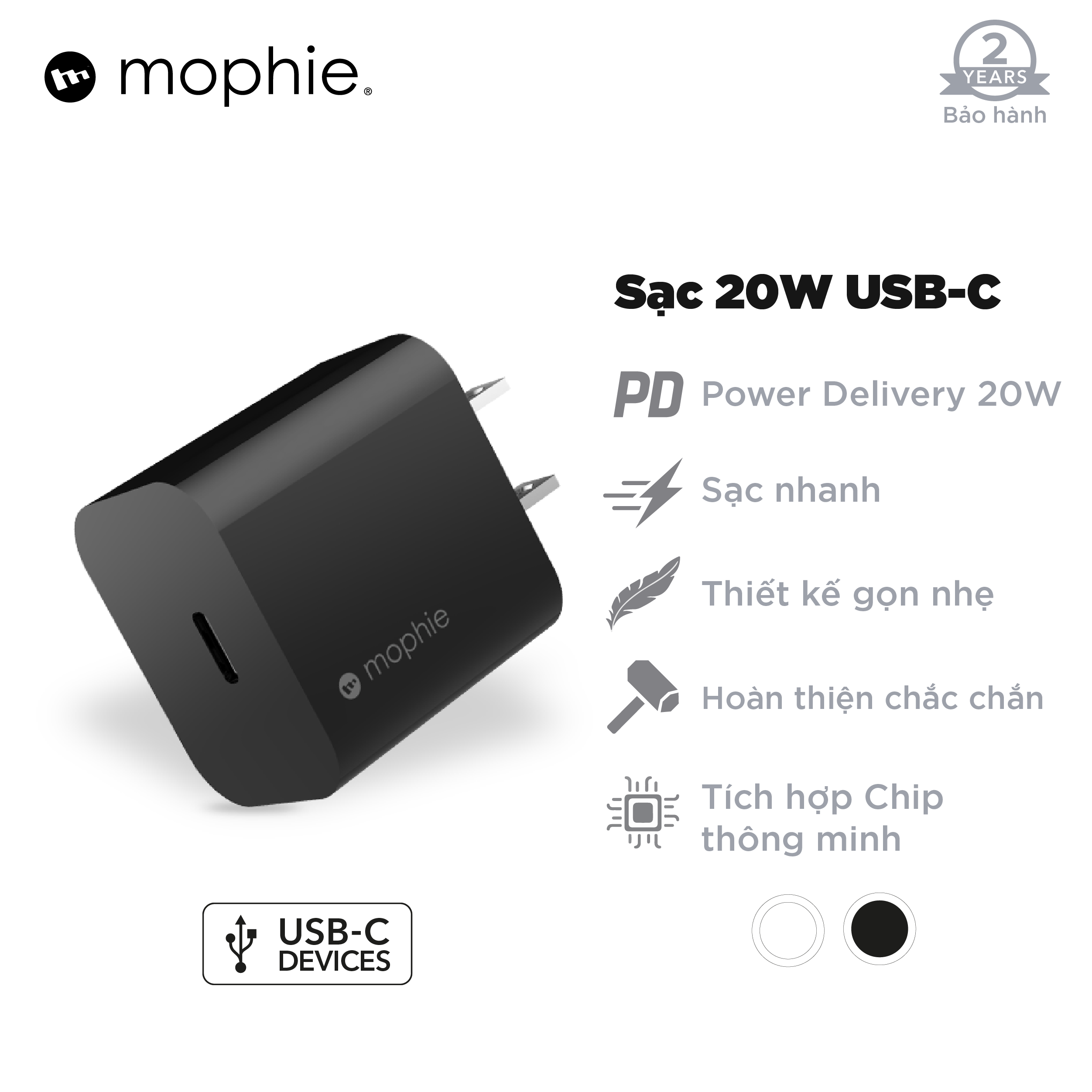 Combo sạc nhanh Mophie Power Delivery 20W USB-C - Cáp Mophie C to lightning 1M - Hàng chính hãng