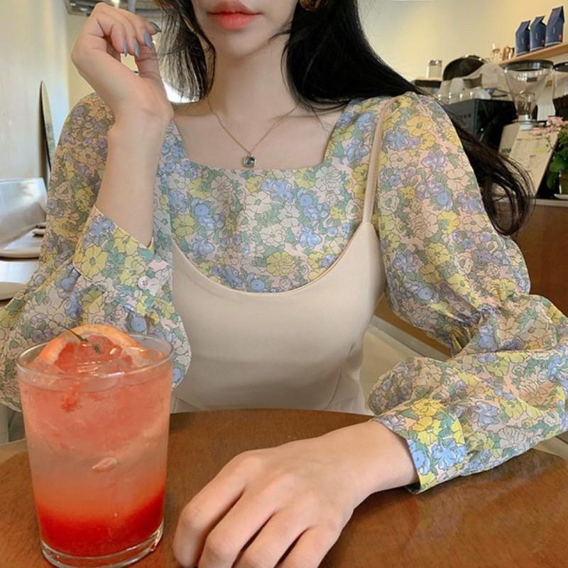 Áo sơ mi hoa nhí cổ vuông tay bồng tiểu thư