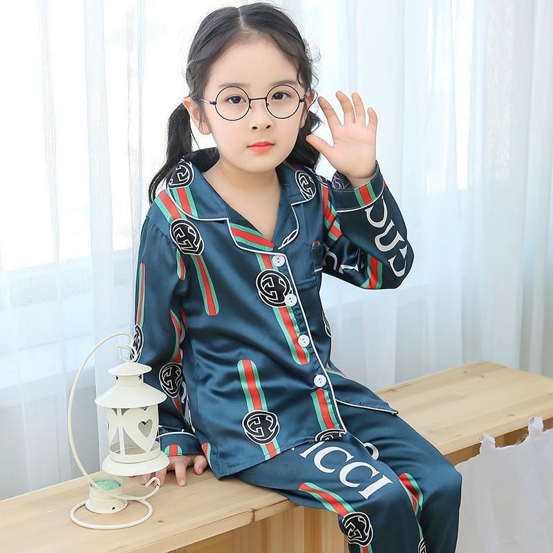 Bộ Pijama Lụa Dài Tay Cho Bé Từ 6-28kg MOON HOUSE, Bộ Lụa Họa Tiết Gấu Cho Bé Trai Và Bé Gái Mặc Nhà Cực Yêu