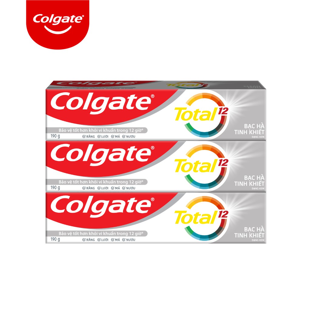 Bộ 3 Kem đánh răng Colgate diệt vi khuẩn Total Clean Mint hương bạc hà bảo vệ toàn diện 12h 170g/tuýp