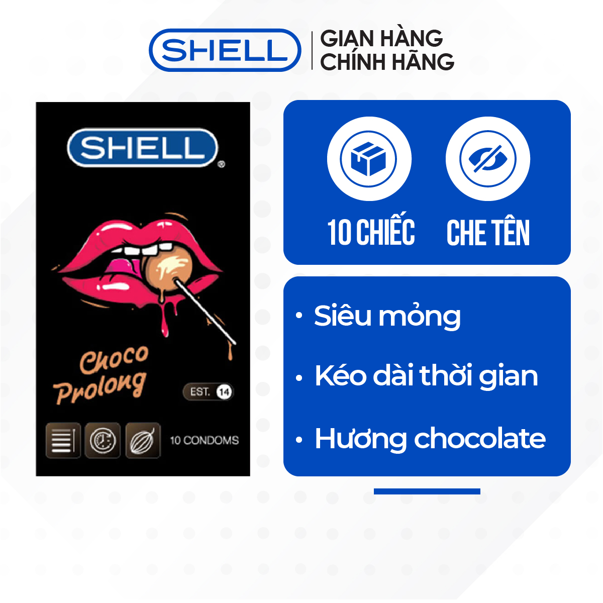 [Hộp 10 cái] Bao cao su Shell Choco Prolong kéo dài thời gian, hương chocolate