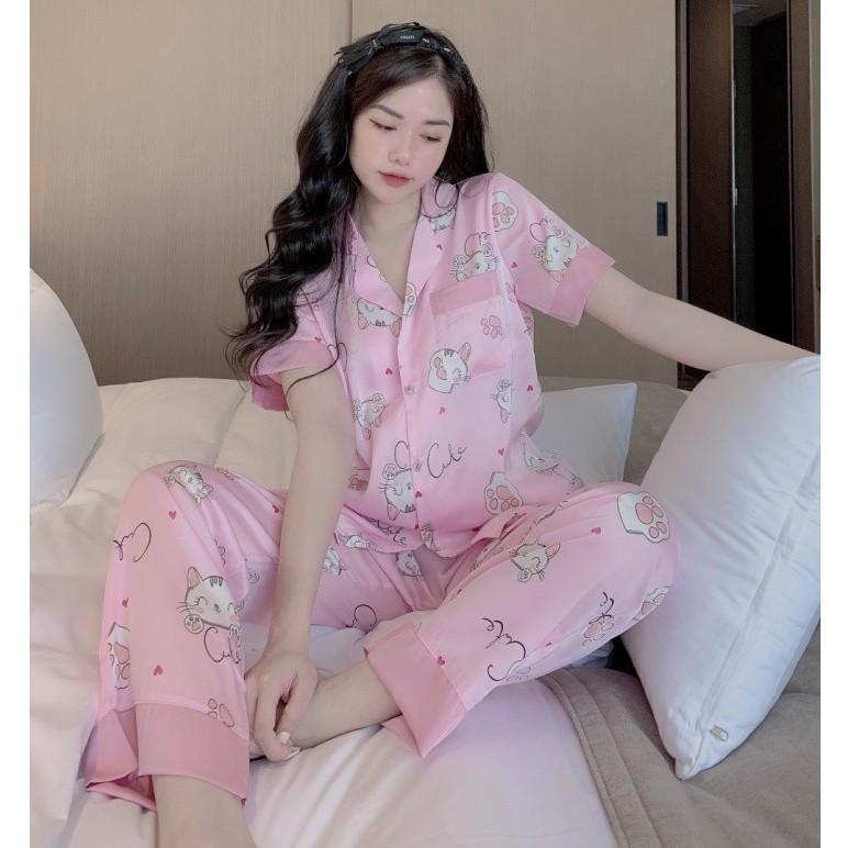 Bộ pijama lụa tay ngắn quần dài phối viền - Đồ bộ mặc nhà họa tiết tiểu thư hot trend