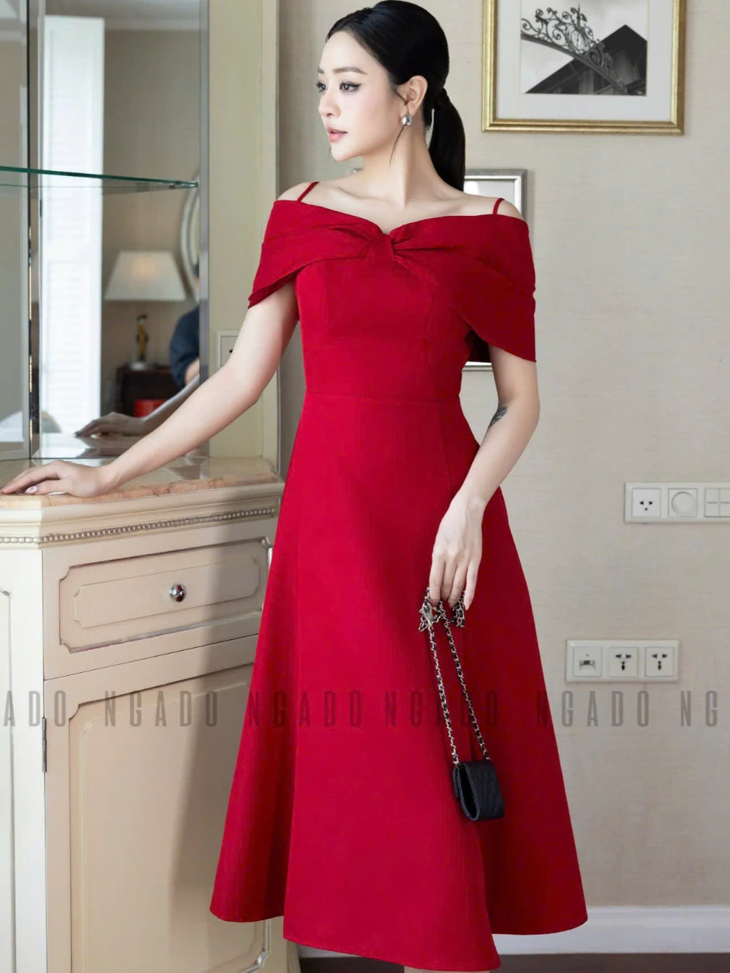 Đầm đỏ bẹt vai NGADO , đầm xòe dáng dài , đầm dự tiệc