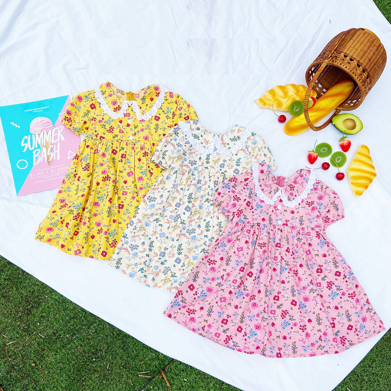 Váy đầm hè bé gái hoa nhí cổ sen viền ren vàng kem chất thô cực đẹp từ 1-6T + Tặng kẹp tóc cực xinh