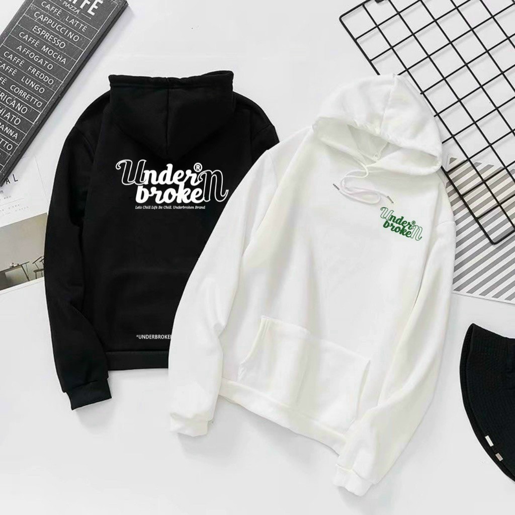 Áo Hoodie Phối Túi Chữ Under Broke Form Rộng Unisex Hàn Quốc - Khoác Nỉ Nam Nữ Có Nón Mũ Chống Nắng - Thu Đông