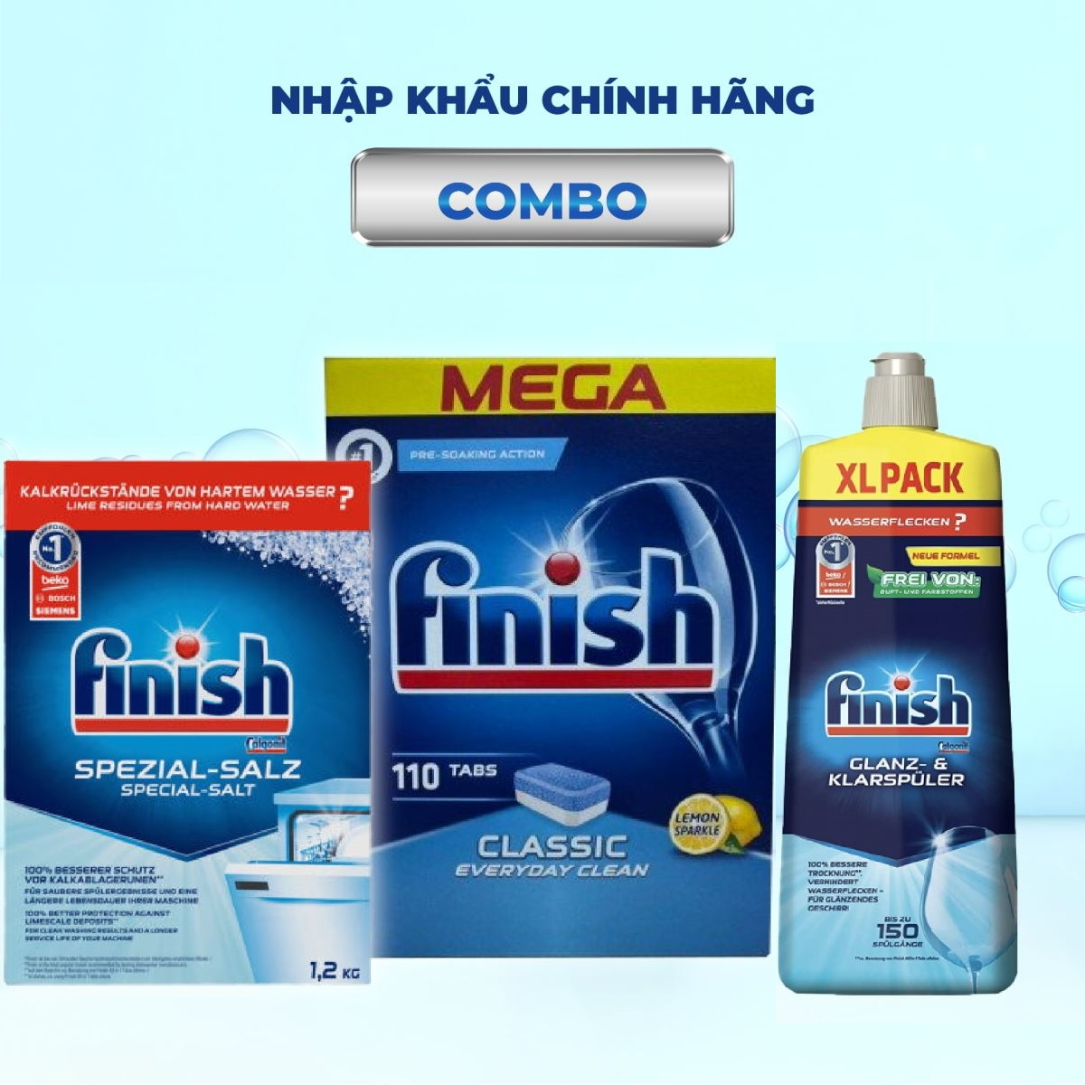 COMBO FINISH: Viên rửa bát Classic 110 viên + Bóng 750ml + Muối 1,2kg + Dung dịch vệ sinh