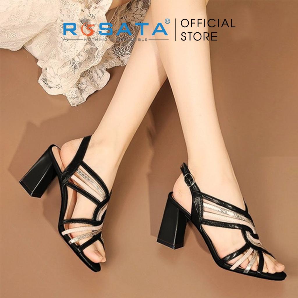Giày sandal cao gót nữ ROSATA RO449 phối dây mũi tròn quai hậu cài khóa kiểu basic hàn quốc gót cao 7cm xuất xứ Việt Nam - Nâu