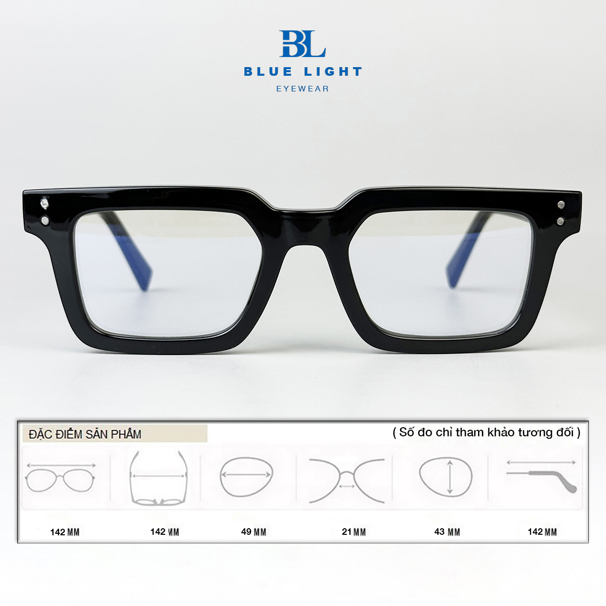 Gọng Kính Cận, Kính Giả Cận Nam Nữ BLUE LIGHT - Cao Cấp Nhựa Acetate Dày Lõi Thép Vuông Nhỏ Góc Cạnh