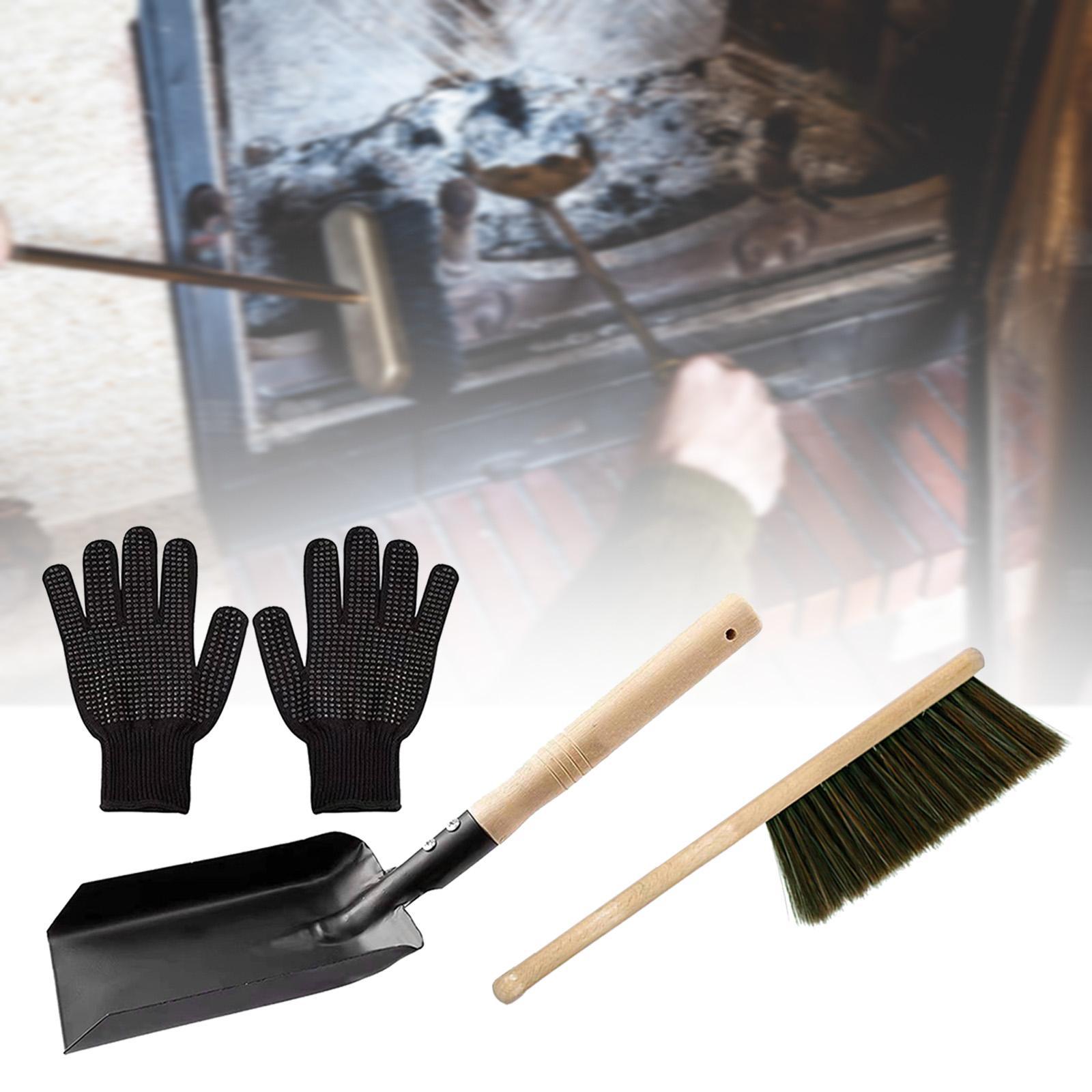 Fire Fireplace Tools Metal Silicone Gloves, Accessories,Fireplace Broom Steel Spade and Ash Brush Set for Dust Cleaning