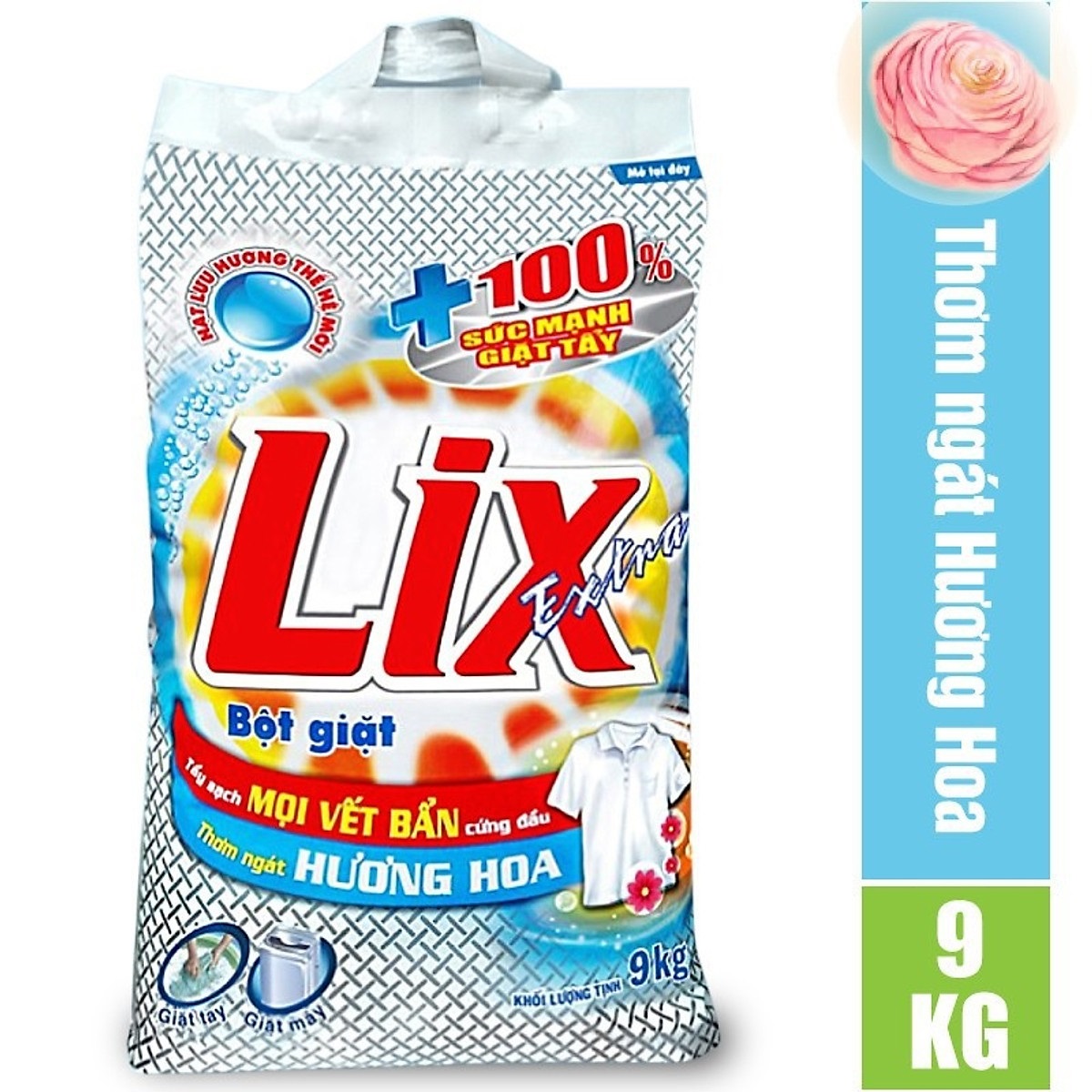 Bột giặt Lix Extra hương hoa 9kg EB010 làm sạch mọi vết bẩn cứng đầu khử mùi ẩm mốc cho giặt tay và máy