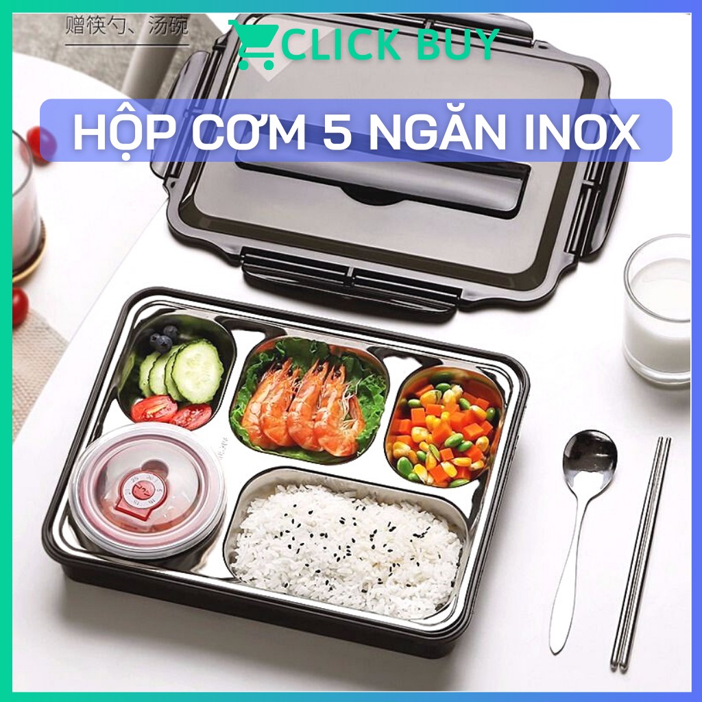 Hình ảnh Hộp Cơm Văn Phòng 5 Ngăn inox 304 giữ nhiệt, nắp đậy có khe đựng điện thoại, tặng kèm thìa và đũa inox - màu ngẫu nhiên