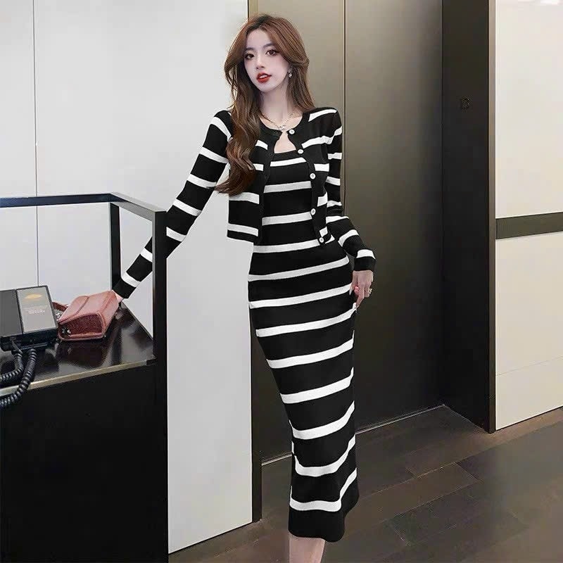 SET ĐẦM LEN KÈM ÁO KHOÁC PHỐI SỌC CAO CẤP