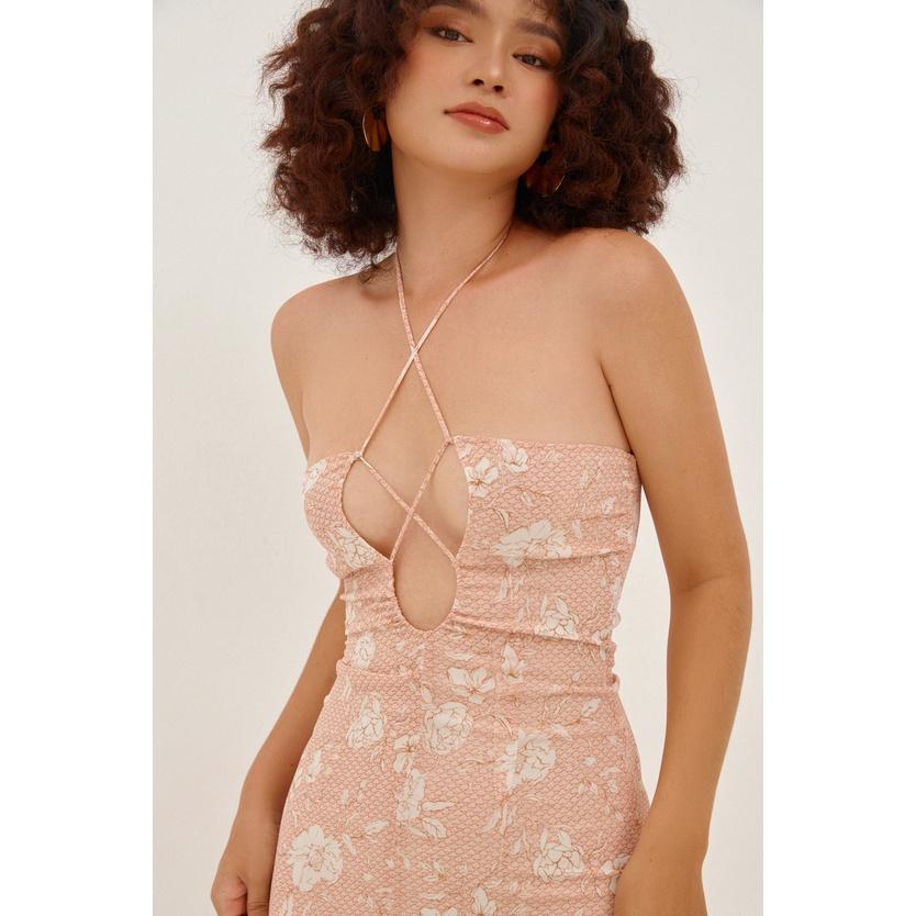 Nene Clothing - Đầm hoa midi xẻ tà đan dây ngực