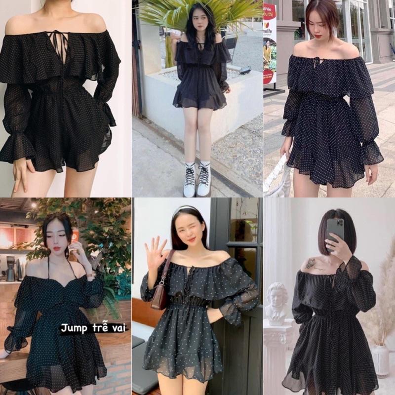 Váy Nữ liền Tay Dài Màu đen chấm bi trắng hở vai thiết kế quyến rũ phối tay xoè