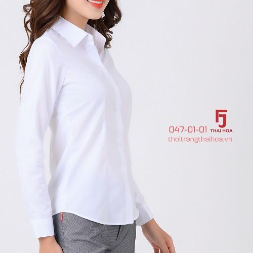 Áo sơ mi nữ công sở dài tay, màu trắng chất vải cotton Áo sơ mi nữ Thái Hòa 047-01-01