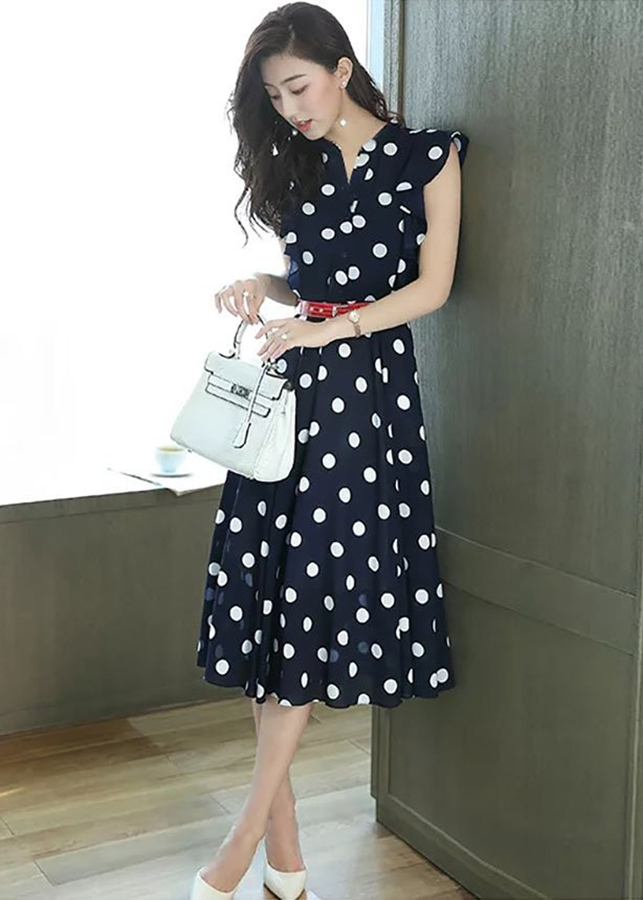 Đầm Nữ Xòe Chấm Bi - Đen