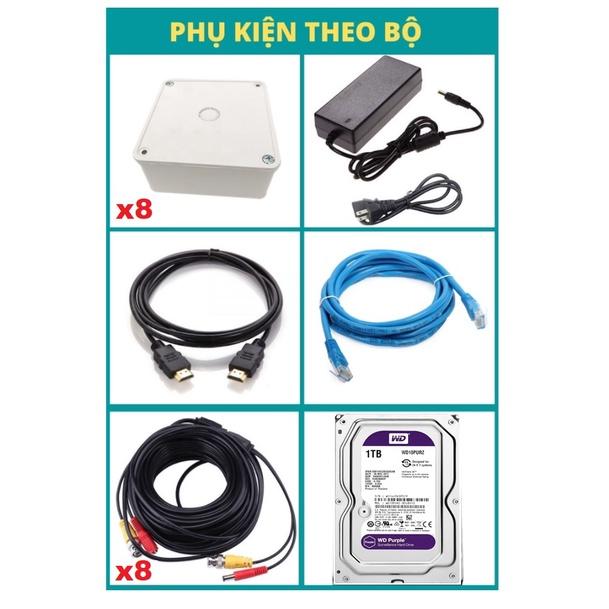 Trọn bộ 8 Camera 2MP DS-2CE16D0T-IR(C) + Đầu ghi hình Hikvision - Full phụ kiện - Cắm điện là chạy - Hàng chính hãng