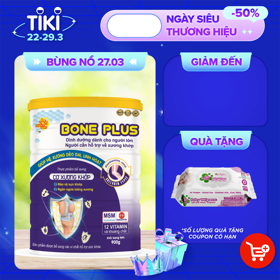 Sữa Bột Dinh Dưỡng SunBaby Bone Plus Dành Cho Người Lớn Tuổi, Người Cần Hỗ Trợ Về Cơ Xương Khớp (900g) RR2810_Tặng một bịch khắn ướt sunbaby 100 tờ màu ngẫu nhiên