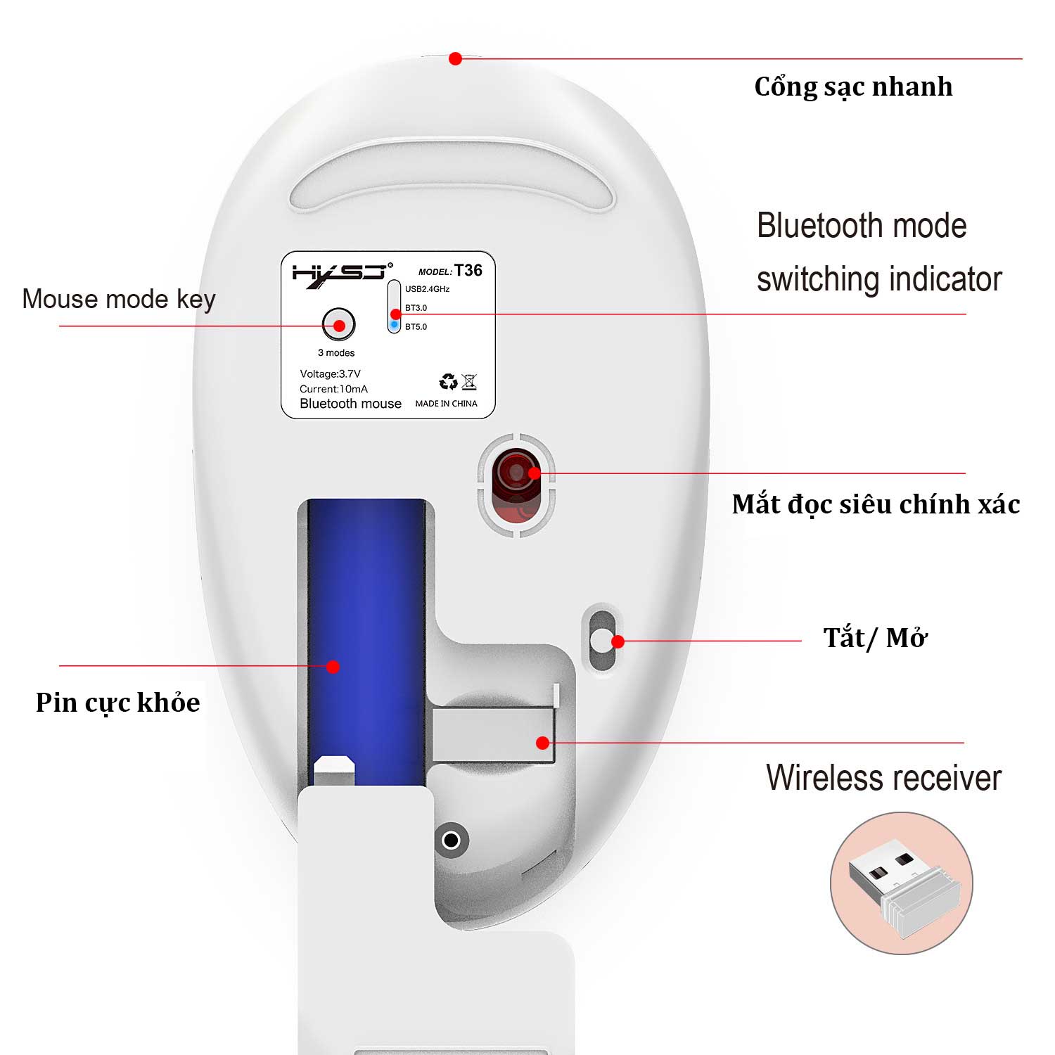 Chuột Bluetooth HXSJ T36 Ba Chế Độ Bluetooth 3.0 + 5.0 + 2.4G Chuột Không Dây Thiết Kế Không Gây Ồn 1600 DPI Quang Có Thể Sạc Lại Chuột Cho PC Máy Tính Xách Tay - Hàng chính hãng