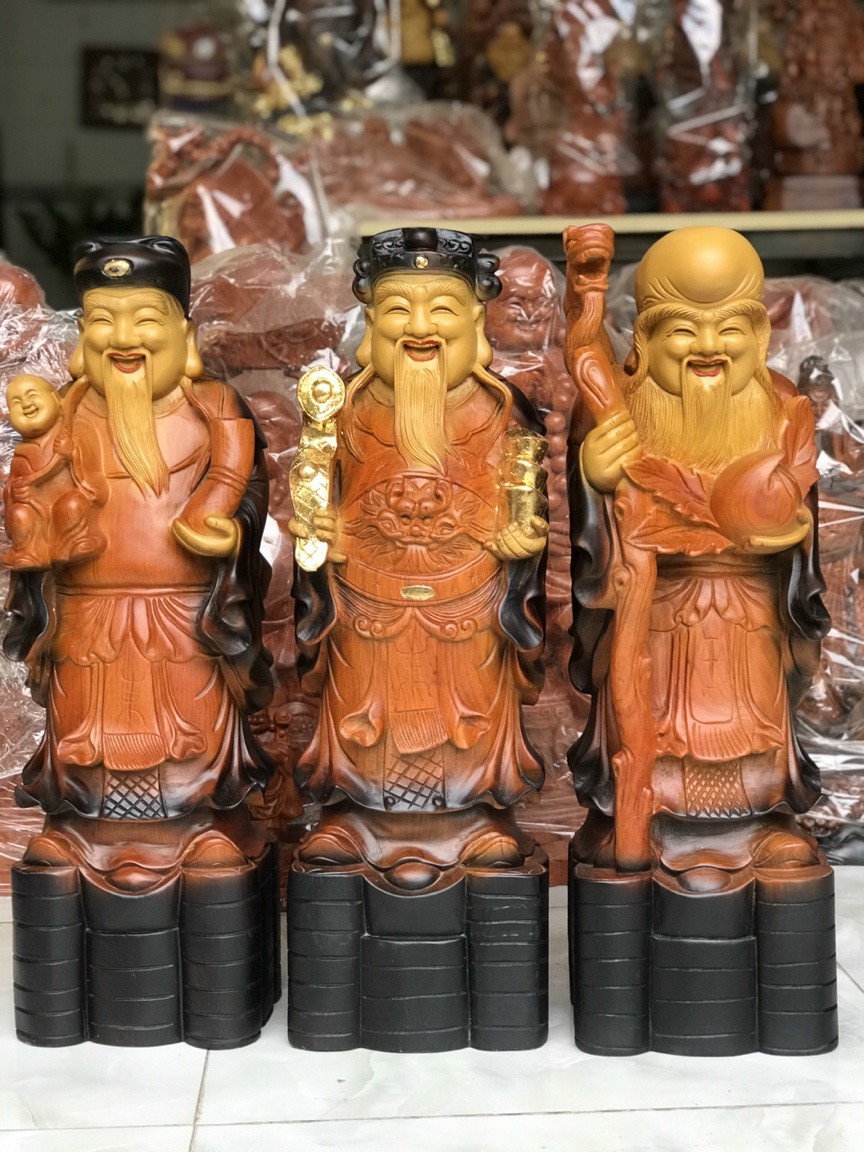 Bộ tượng phật tam đa phúc lộc thọ bằng gỗ hương đá tô làm mầu giả cổ kt 50×17×15cm