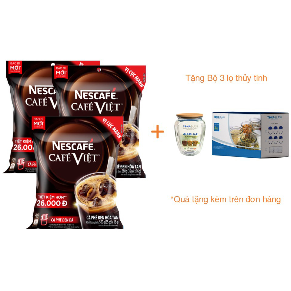 Combo 3 bịch cà phê hòa tan Nescafé café Việt cà phê đen đá (Túi 35 gói x 16g)[Tặng bộ 3 lọ thủy tinh - Giao mẫu ngẫu nhiên]