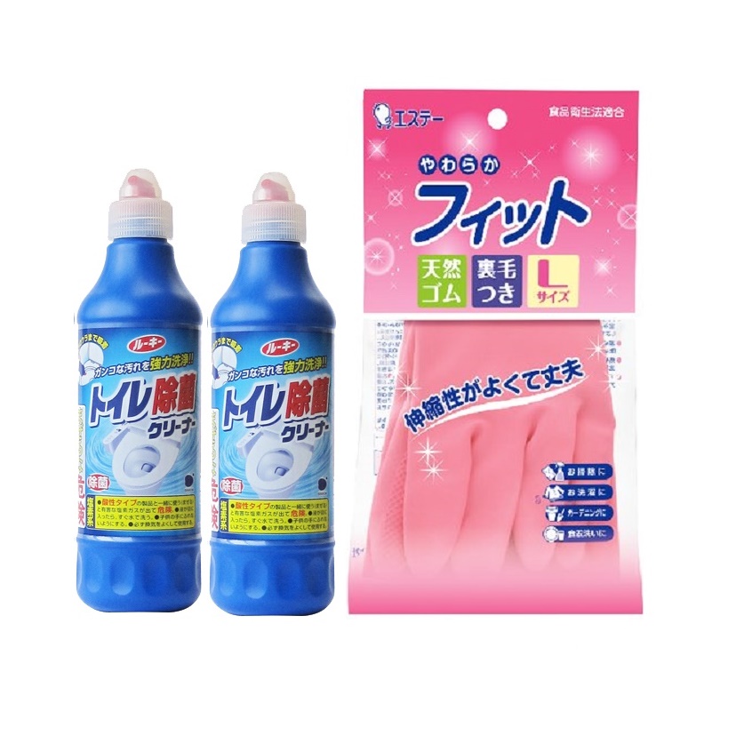 Combo 02 Chai nước tẩy toilet siêu đậm đặc, không mùi 500ml nội địa Nhật Bản + 01 đôi găng tay cao su mềm hàng nội địa Nhật Bản