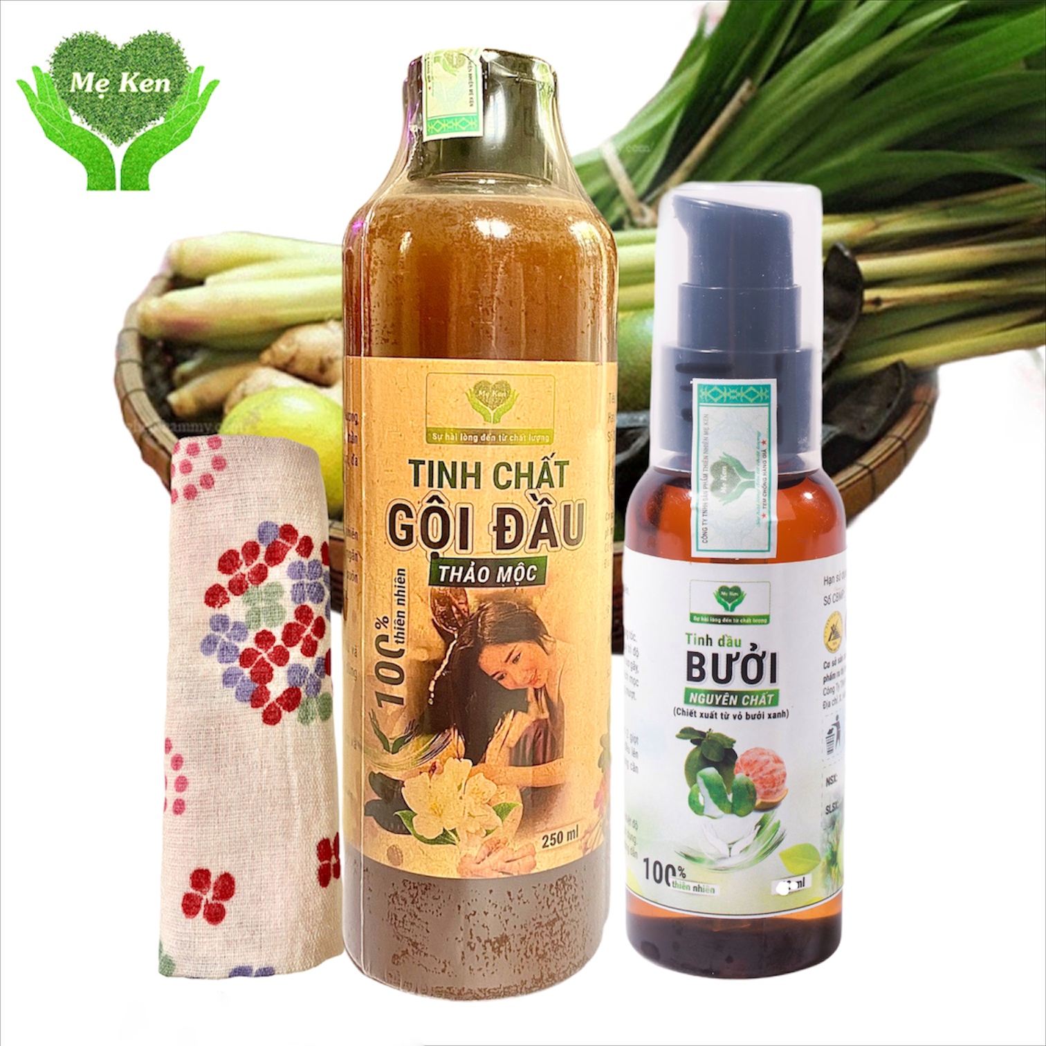 Combo Dầu Gội Thảo Mộc MẸ KEN 250ml &amp; Tinh Dầu Bưởi Nguyên Chất MẸ KEN 100ml kích thích mọc tóc, ngăn ngừa gãy rụng, giảm nấm ngứa - Tặng kèm 1 khăn tắm