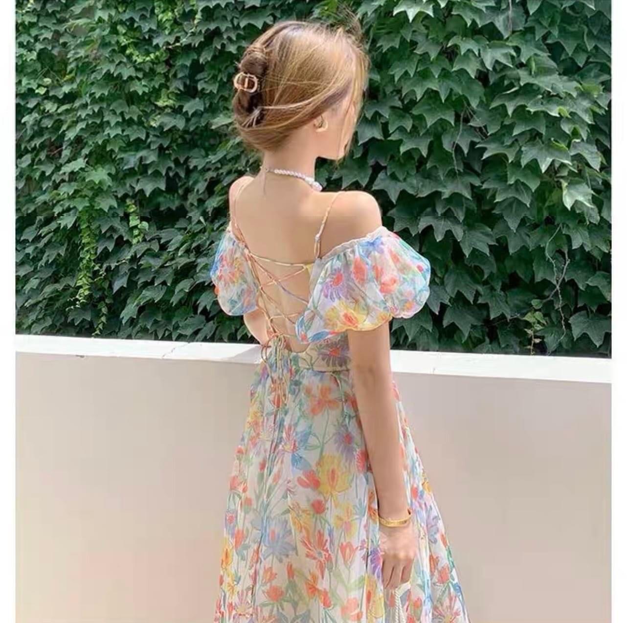 ĐẦM DÀI HOA MAXI ĐI BIỂN CỔ U DÂY LƯNG SUÔNG XÒE MIDI FLORAL DẠO PHỐ DỰ TIỆC