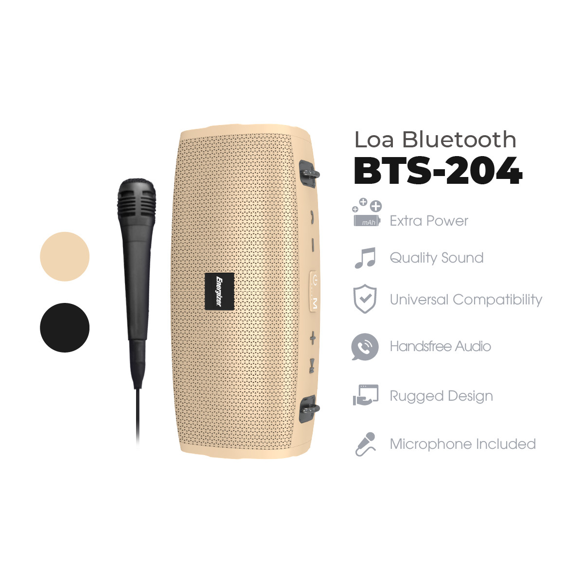 Loa Bluetooth di động Energizer BTS-204 kiêm sạc dự phòng kèm Micro Karaoke - Kết nối bluetooth 5.0, hỗ trợ FM radio, thẻ Micro SD, cổng sạc USB-A - HÀNG CHÍNH HÃNG