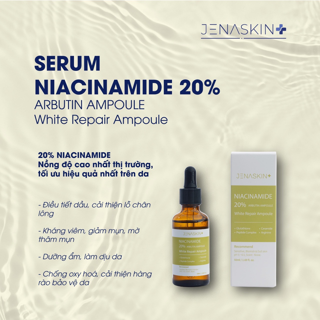 Tinh chất dưỡng Trắng Jenaskin Niacinamide 20%, Serum dưỡng sáng da, trắng da, giảm thâm nám 50ml