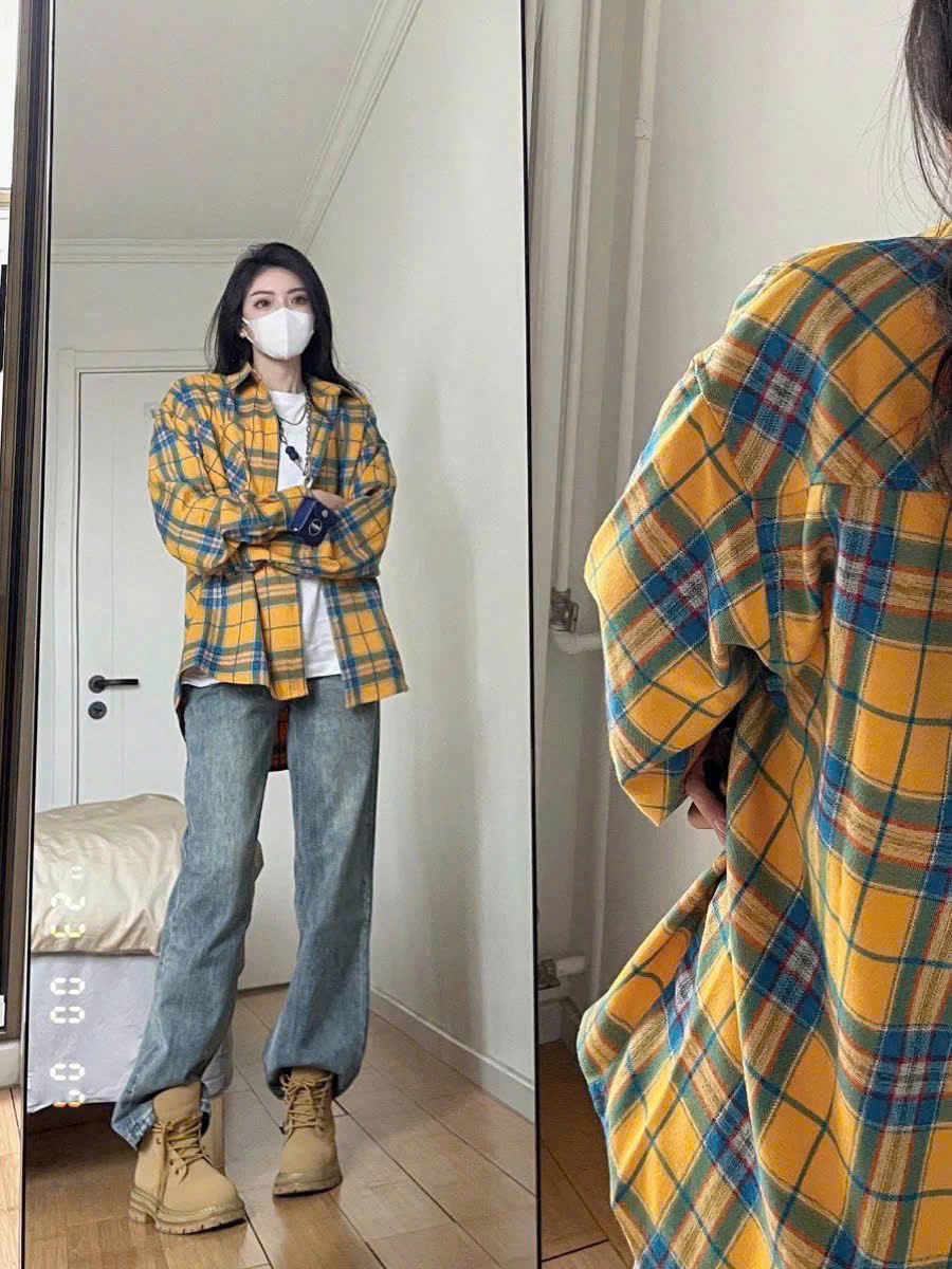 Áo sơ mi nữ form rộng 2N Unisex somi khoác ngoài sọc vàng số 14