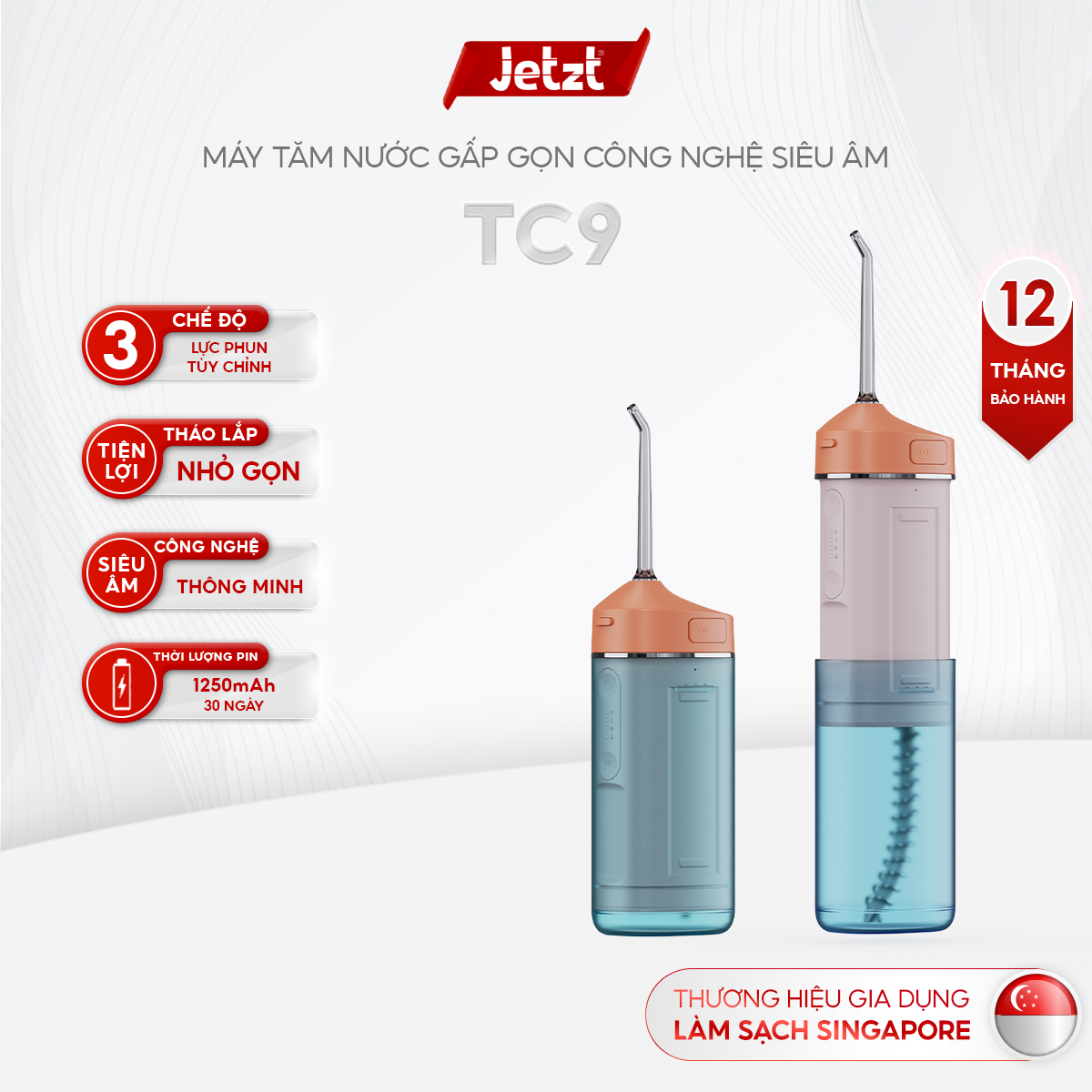 Máy tăm nước cầm tay Jetzt Teethcare TC9 công nghệ siêu âm tăm nước vệ sinh răng miệng