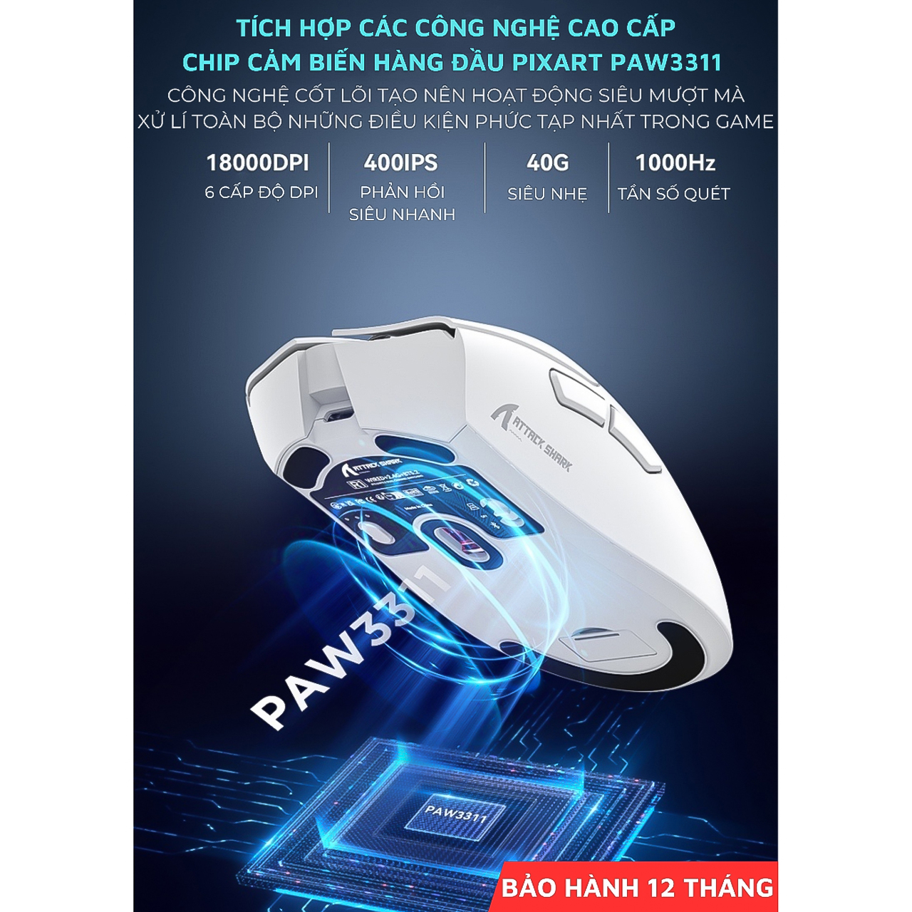 Chuột Không Dây Bluetooth Chip PAW3311 Vinetteam Attack Shark R1 18000DPI 3 Mode Có App Chỉnh Macro Pin Sạc - hàng chính hãng