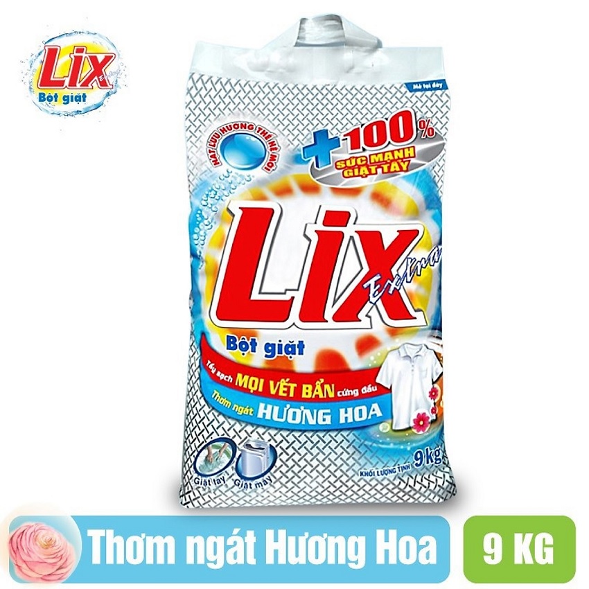 Bột giặt Lix Extra hương hoa 9kg EB010 làm sạch mọi vết bẩn cứng đầu khử mùi ẩm mốc cho giặt tay và máy 