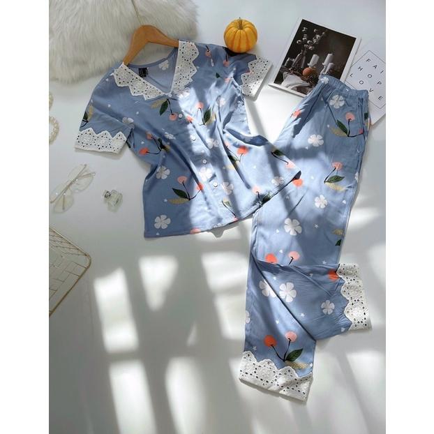 Pyjama Quần Dài Tay Ngắn Phối Ren Tole Lanh 40-68kg