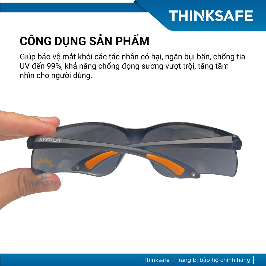 Mắt kính bảo hộ lao động Everest Thinksafe, Kính bảo vệ mắt trong suốt, chống bụi, chống tia UV, dùng đi đường - EV202