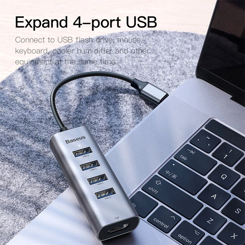 Hub Chuyển Đổi Type C to USB 3.0 và HDMI Enjoy Series cho Smartphone/ Tablet / Laptop Windows/ Mác Búc (Type C to USB 3.0 x4 Ports + HDMI 4K intelligent HUB Adapter ) - Hàng Chính Hãng Baseus