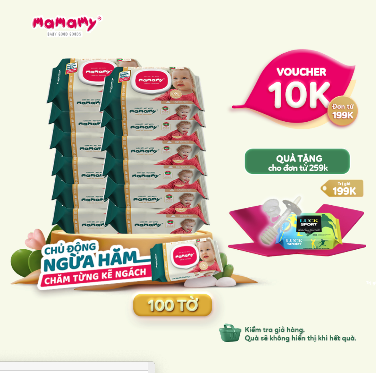 Combo 12 gói khăn ướt Mamamy 100 tờ/ gói có nắp an toàn cho bé