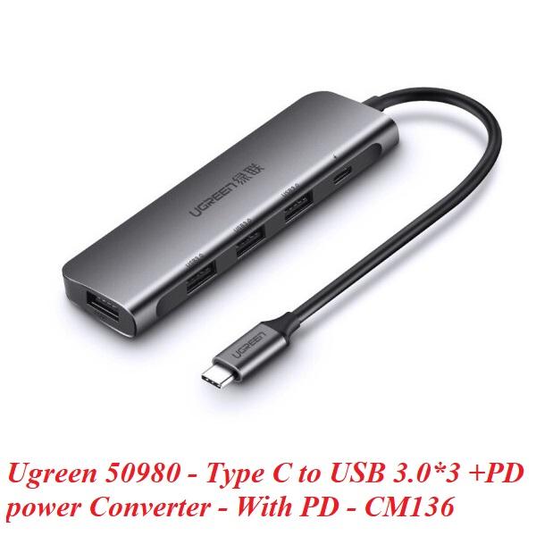 Ugreen UG50980CM136TK Bộ chuyển đổi TYPE C sang 4 USB 3.0 + hỗ trợ nguồn TYPE C - HÀNG CHÍNH HÃNG