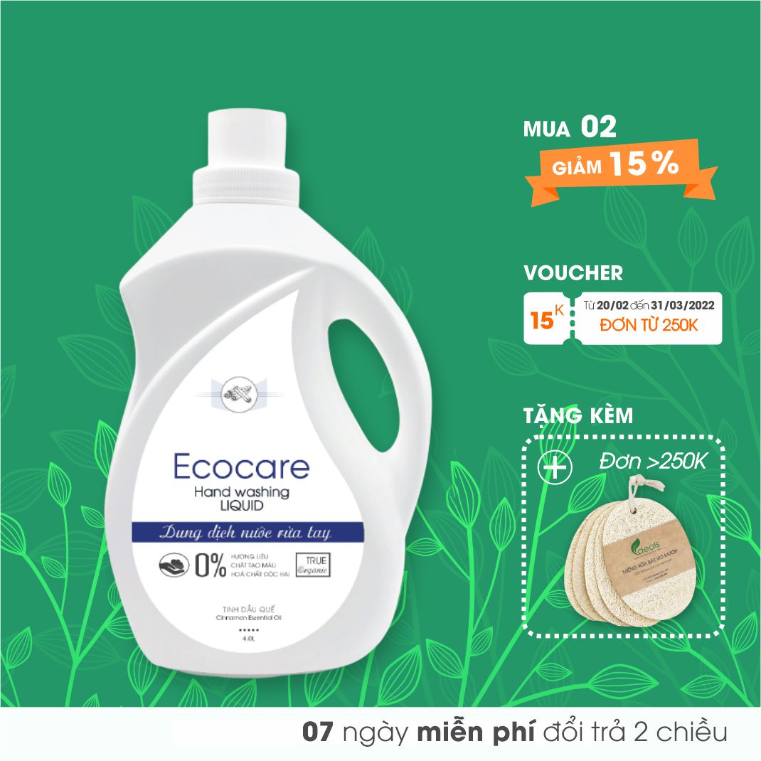 Nước Rửa Tay Bồ Hòn Hữu Cơ ECOCARE - Chai 4000ml - Sạch khuẩn, chăm sóc da tay, tinh dầu thiên nhiên khử mùi - Tặng 2 vỏ chai 250ml - Tinh dầu Nhài