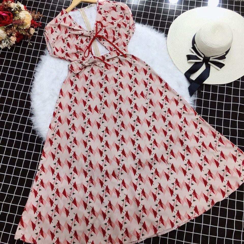 ĐẦM MAXI HOA VĂN ĐỎ SÁT NÁCH RÚT EO CÁCH ĐIỆU