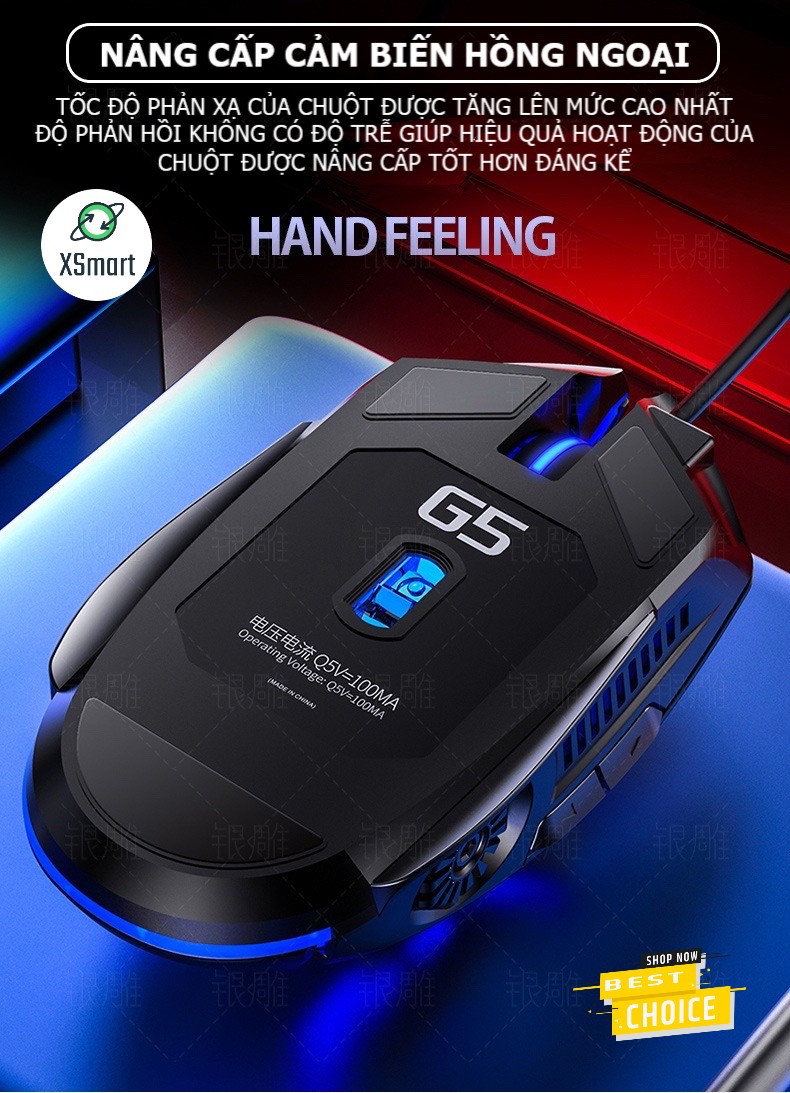 Chuột chơi game máy tính có đèn led đổi màu XSmart G5 Gaming thiết kế 6D, chỉnh được DPI, tương thích pc, laptop - Hàng Chính Hãng