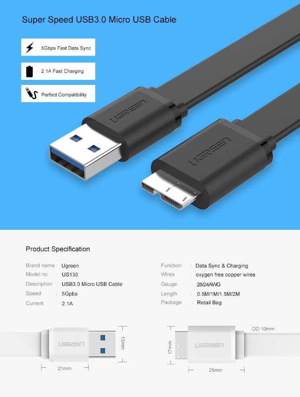 Ugreen UG10810US130TK 1.5M màu Đen Cáp USB 3.0 sang MICRO USB 3.0 cho ổ cứng dáng dẹt - HÀNG CHÍNH HÃNG